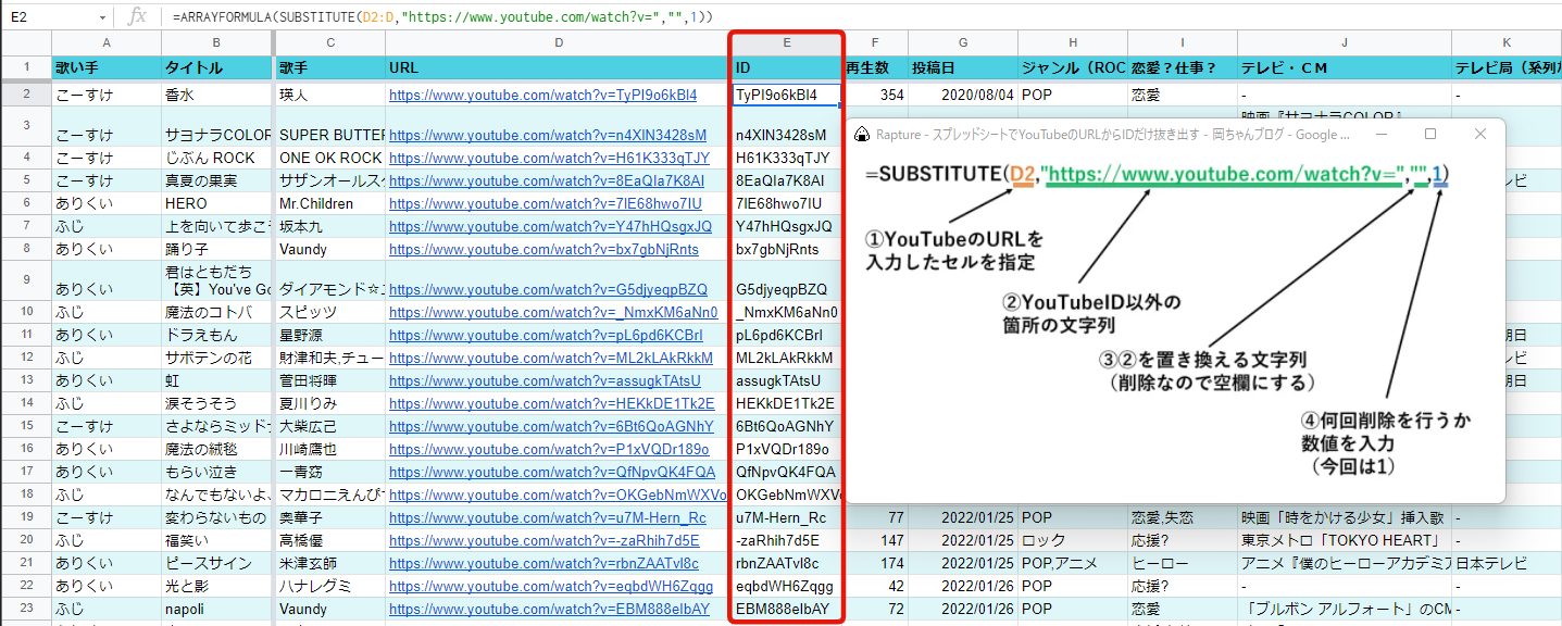 スプレッドシートでyoutubeのurlからidだけ抜き出す 岡ちゃんブログ